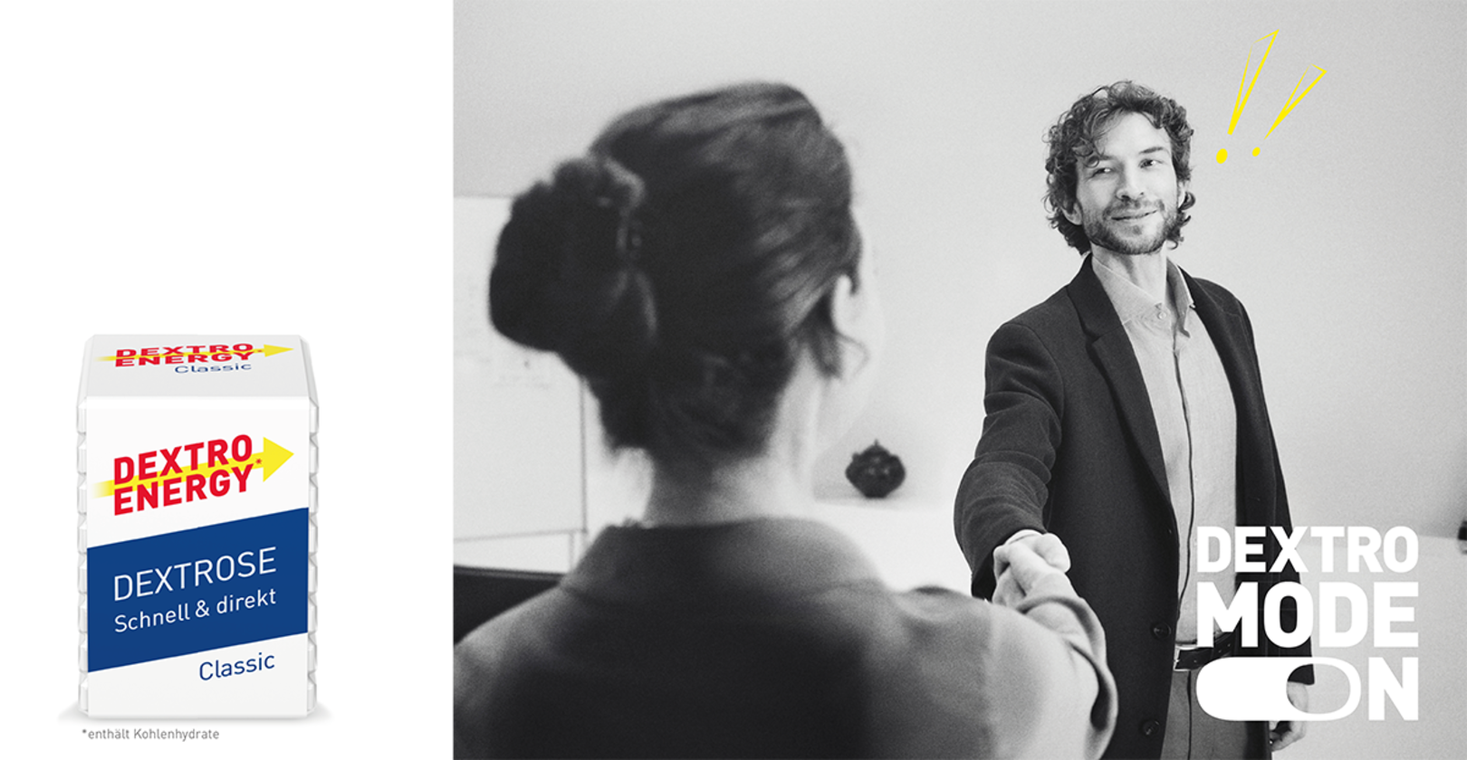 Vorne links Dextro-Energy-Produkt, in der Bildmitte Frau von hinten mit Dutt, die in Richtung eines paarungswilligen gut aussehenden Mannes blickt.