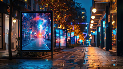 Eine Fußgängerzone bei Nacht. Mehere Werbebilschirme sind zu sehen.