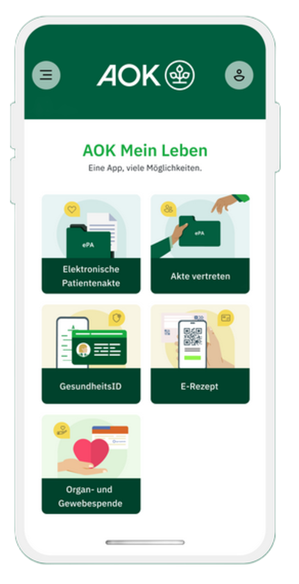 Auf einem Handydisplay sind 5 Kacheln der AOK-App Mein Lebenzu sehen. 