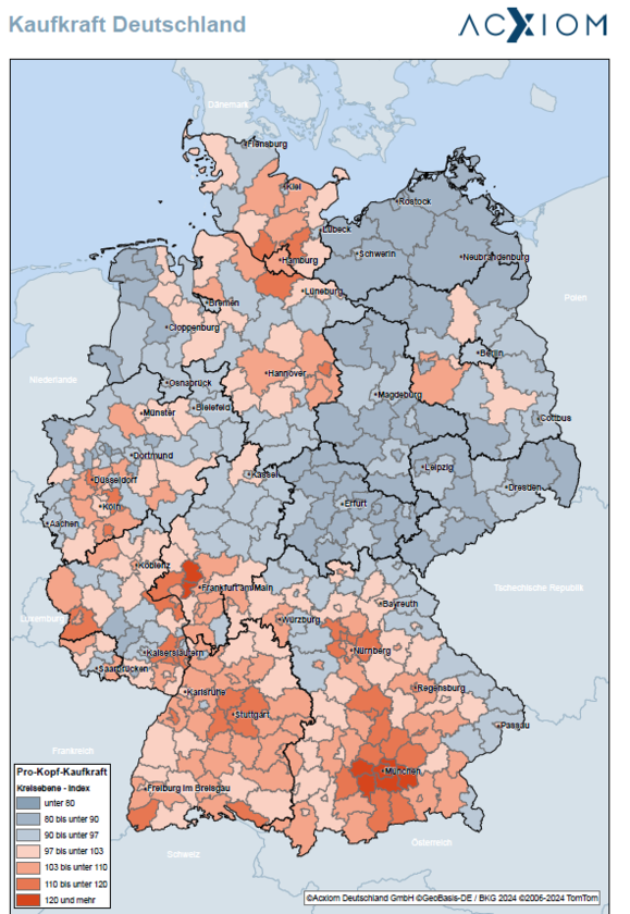 Eine Deutschlandkarte, auf der große Städte hervorgehoben sind.